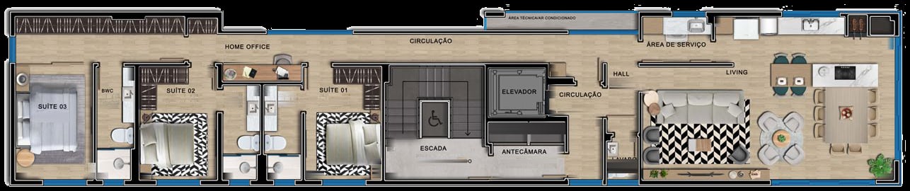 Planta do apartamento do Kowalski Residencial, com três suítes e living integrado.