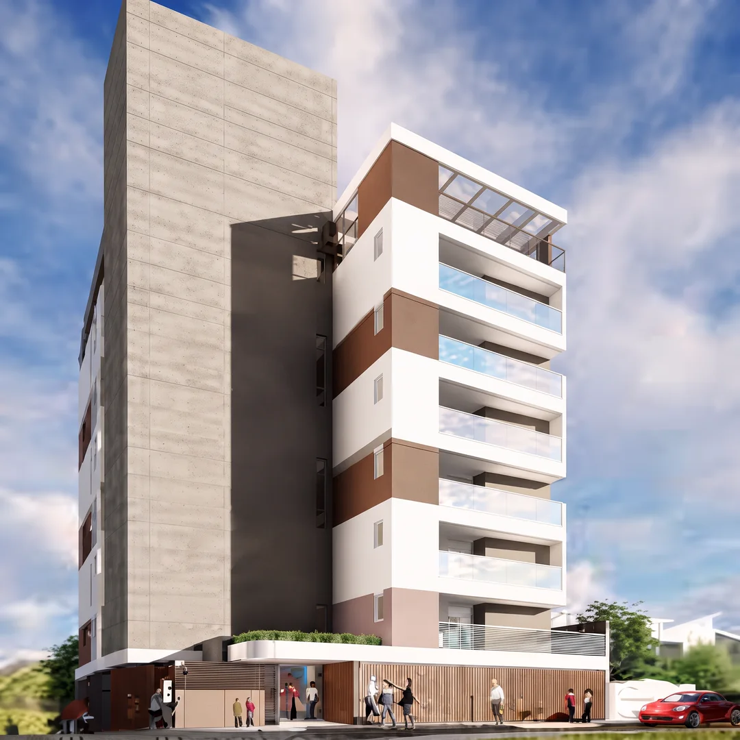Edifício residencial de fachada em faixas claras e terrosas, visto da esquina.